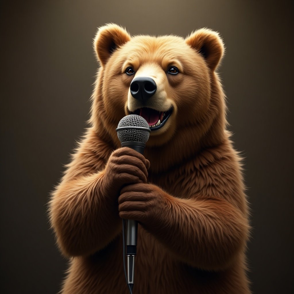 Brown bear holds a microphone and sings. The bear is furry with a friendly expression. The background is dark, making the bear stand out. Focus on the bear's joyful demeanor.