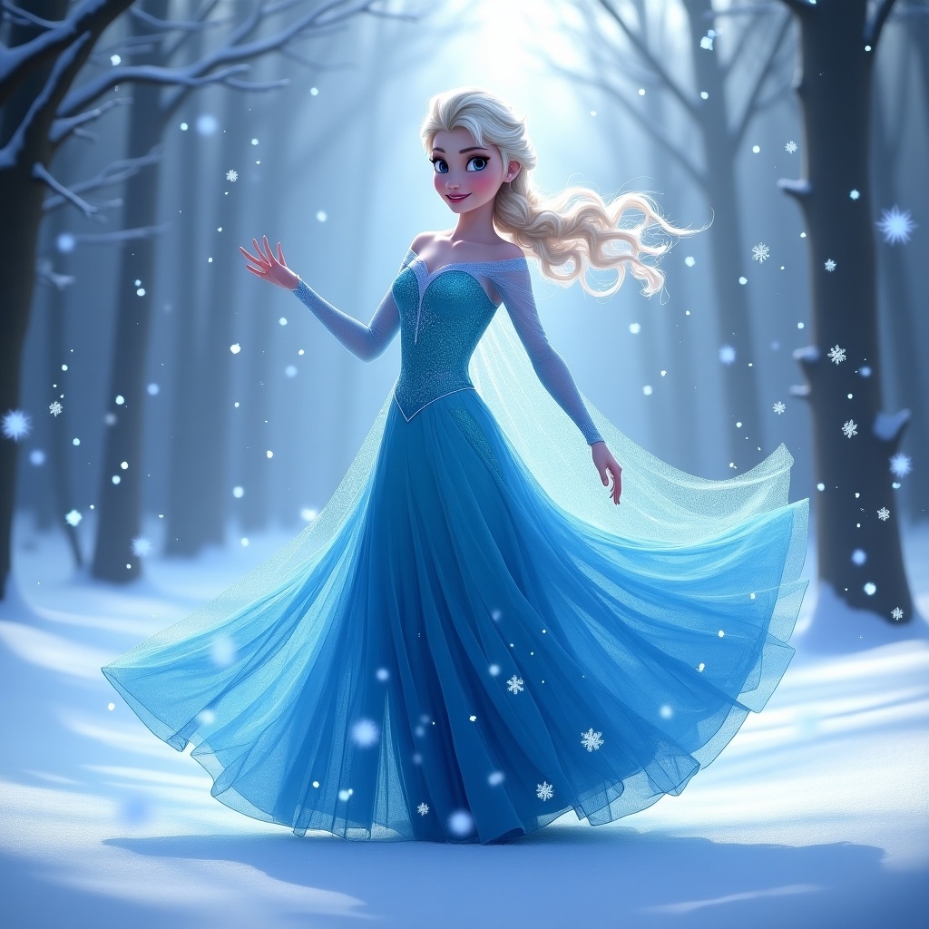 Image of Elsa from Disney's Frozen in a winter setting. She wears a blue dress, dancing joyfully. The background is snowy with falling snowflakes. Soft lighting enhances her features in a mystical scene.