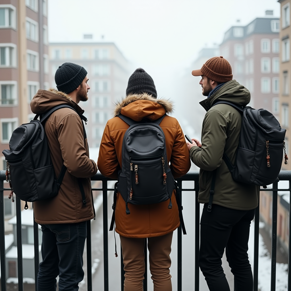 Three individuals stand on a balcony overlooking a foggy street, dressed in winter coats and backpacks, engaged in conversation.