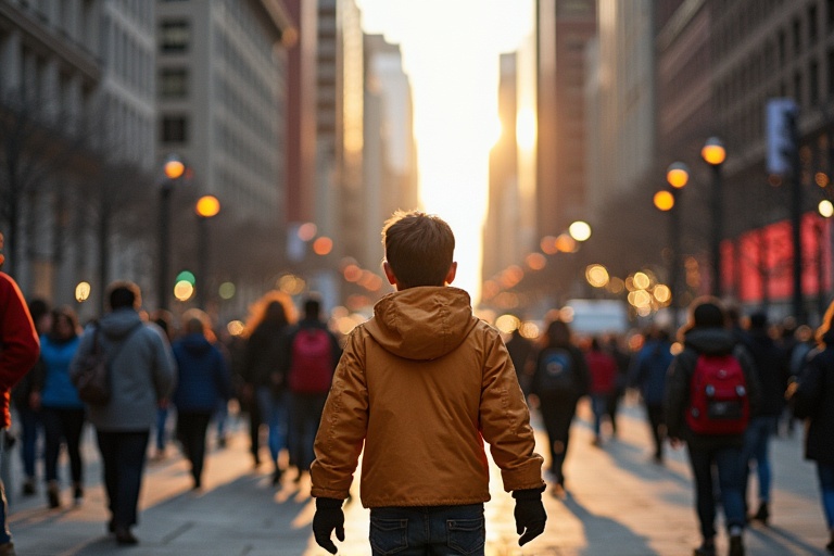 A child walks alone on a busy city street at sunset. Glow of sunset illuminates the surroundings. Crowds of people move in every direction. The child wears a bright jacket and appears small against the urban backdrop.