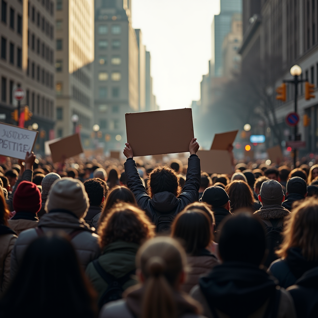 A large crowd of people, with one figure holding a blank sign aloft, gathers in a city street during a protest or demonstration.