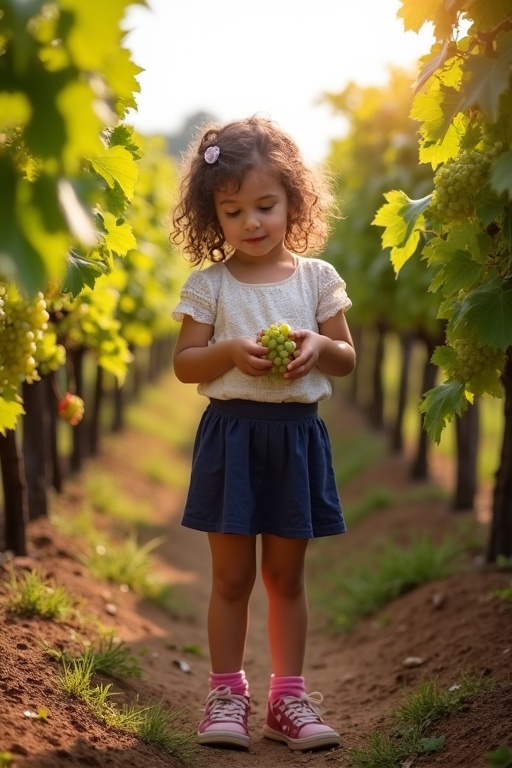 A young girl explores grapes in a vineyard. She wears a white top and blue skirt with pink socks. She inspects grapes with curly dark brown hair. The late summer sun gives a warm glow to the scene.