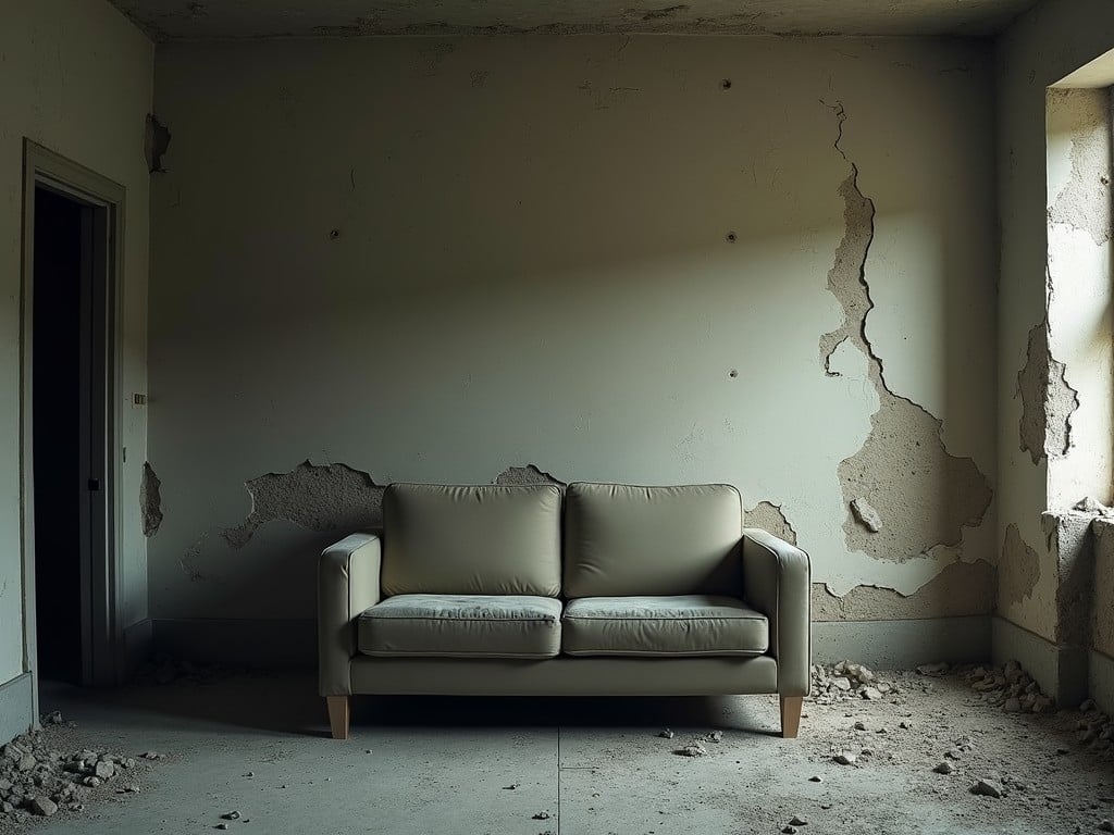 Show a realistic long shot of a small single-seat sofa from a slightly angled rear view. Position the camera slightly to the right of the sofa, which should be centered in the frame. The back of the sofa faces the camera, with some of the right side visible. The sofa is located in a war-damaged house, filled with soot and dirt. The opposite wall is noticeably destroyed, enhancing the scene's atmosphere.