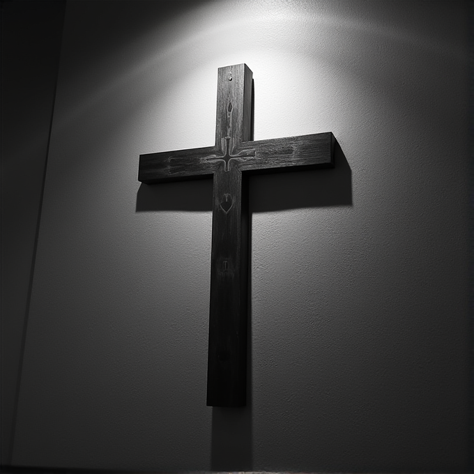 A wooden cross is affixed to a wall, dramatically lit from above, casting a distinct shadow.