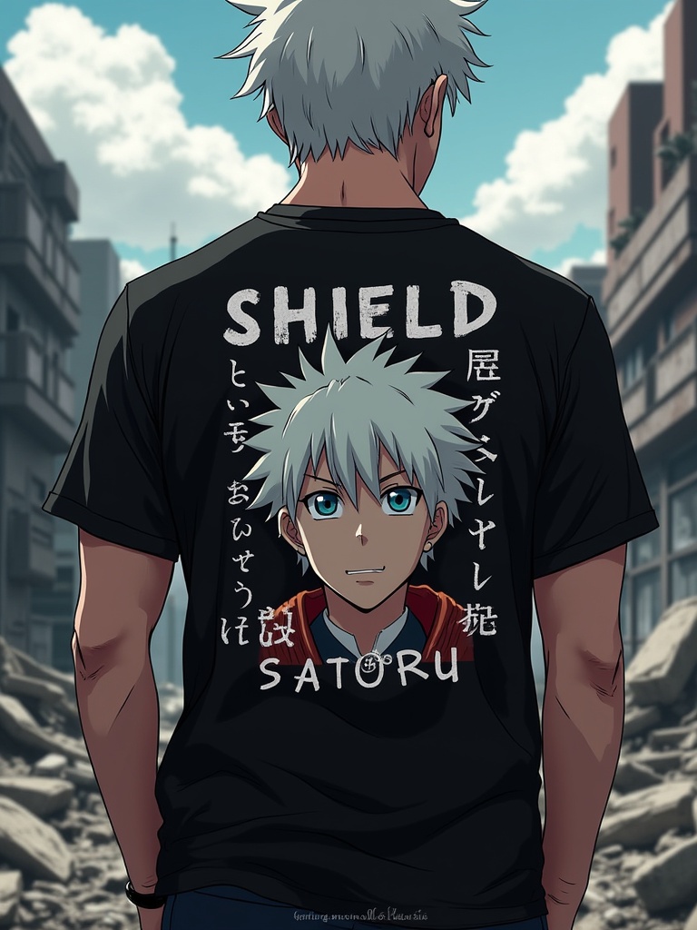 Black T-shirt design inspired by Gojo Satoru. Character's name is displayed in Japanese and English. Urban ruins create a dramatic background. T-shirt part of Anime Collection by Mirage Clothing.