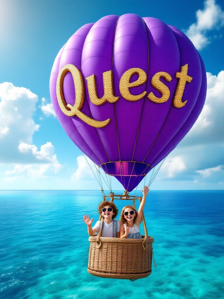 A beautiful purple hot air balloon floats majestically over turquoise waters. The balloon has the word 'Quest' in shimmering gold letters. A three-year-old boy and girl inside the basket wave their hands joyfully. They wear sunglasses. The vibrant colors of the balloon contrast beautifully against a clear blue sky with fluffy clouds. The sea sparkles in sunlight.