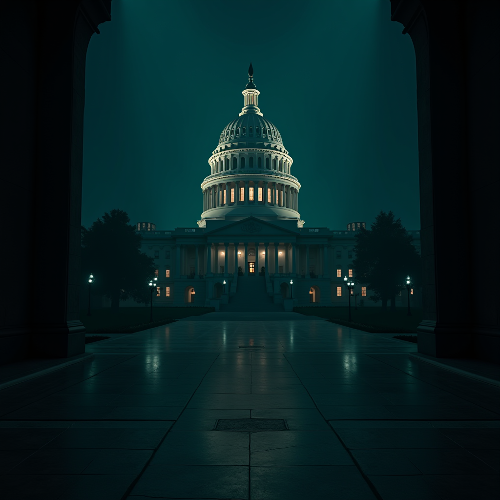 The U.S. Capitol building is lit up against a dark night sky with a glowing dome.