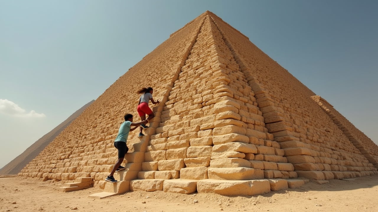 Two young adults are climbing a pyramid beneath the hot desert sun. The woman on the left is struggling to ascend high steps while the man on the right climbs effortlessly. The pyramid itself looms large, highlighting its ancient architecture. The scene captures a moment of adventure and challenge. The environment is a stark desert, emphasizing the heat and the grandeur of the pyramid.