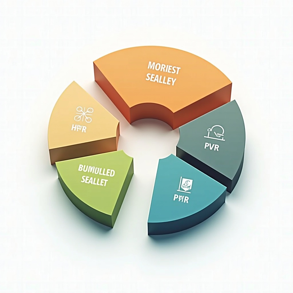 This image features a 3D pie chart illustration that represents various types of energy. Each pie segment is uniquely colored, including orange, green, teal, and blue. The chart displays labels and corresponding icons for energy types like 'PVR', 'HPR', and 'Morliest Sealey'. The design is intended for educational and professional use, providing a clear visual representation. The overall style is modern and clean, making it suitable for presentations and reports.