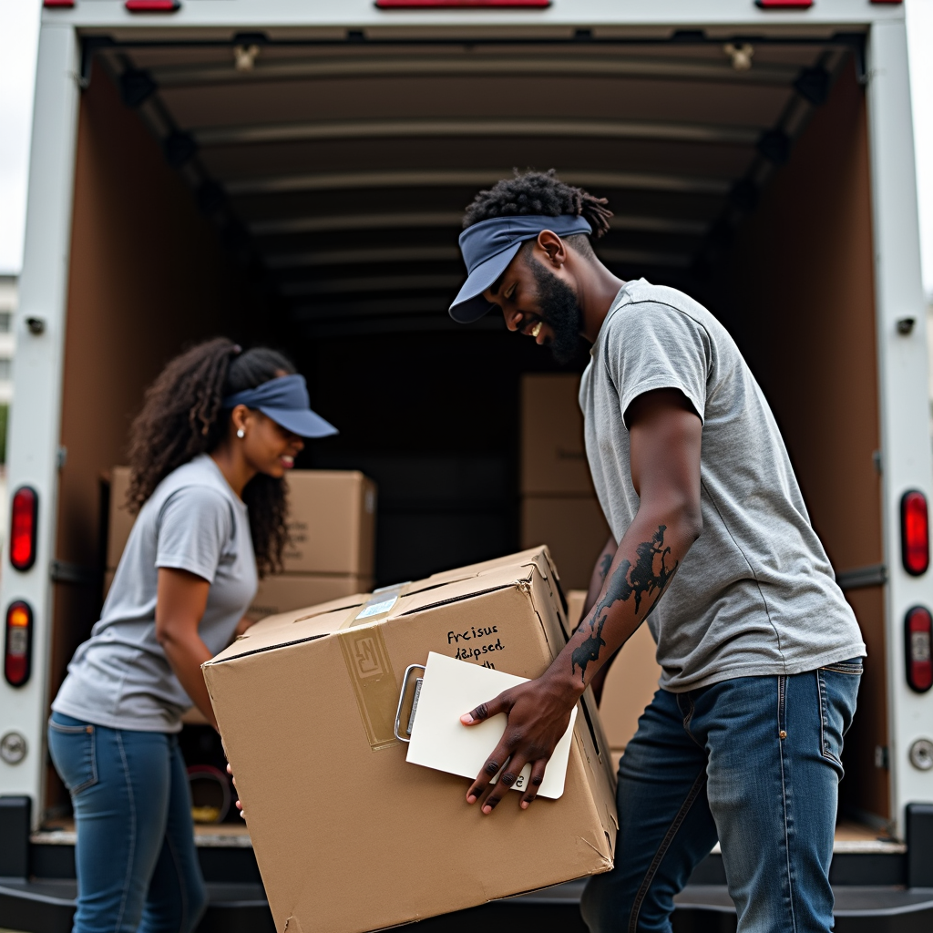 Two people are working together to load boxes into a truck.