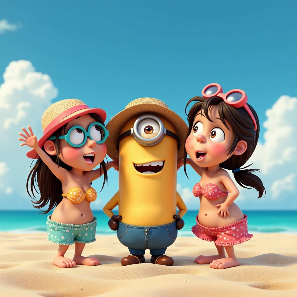 Cartoon characters on a beach enjoying summer fun. Bright sunshine and cheerful expressions. Playful atmosphere with beach attire.