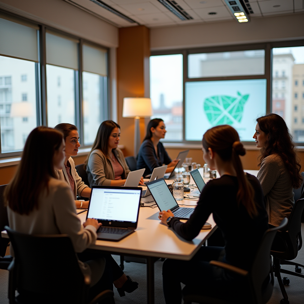 A group of people engaged in a meeting with laptops open in a conference room.