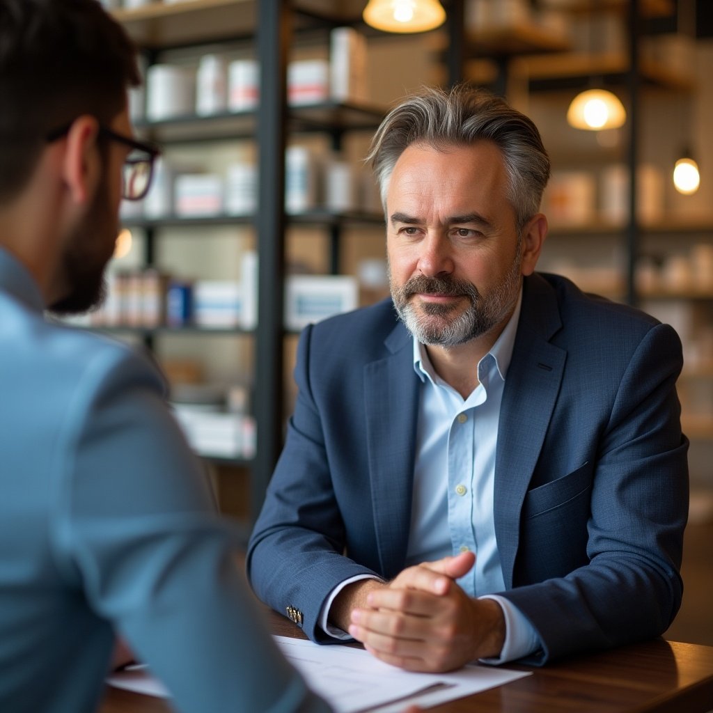 Store owner meeting a banker to discuss loan application in a professional setting.