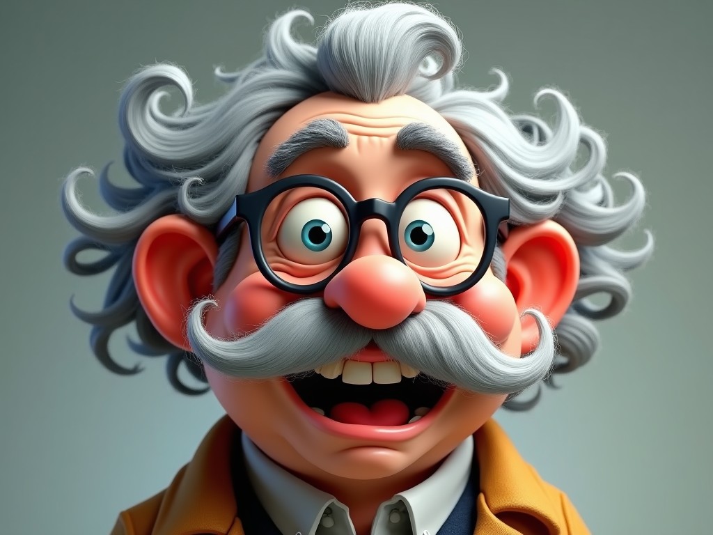 This image features an animated character with wild gray hair and big round glasses. The character has a large pink nose and a broad smile that showcases a cheerful demeanor. His fluffy hair and exaggerated facial features give a whimsical touch. The background is muted to emphasize the character's playful expression. This character could be used in children's media or as a fun mascot for various products.