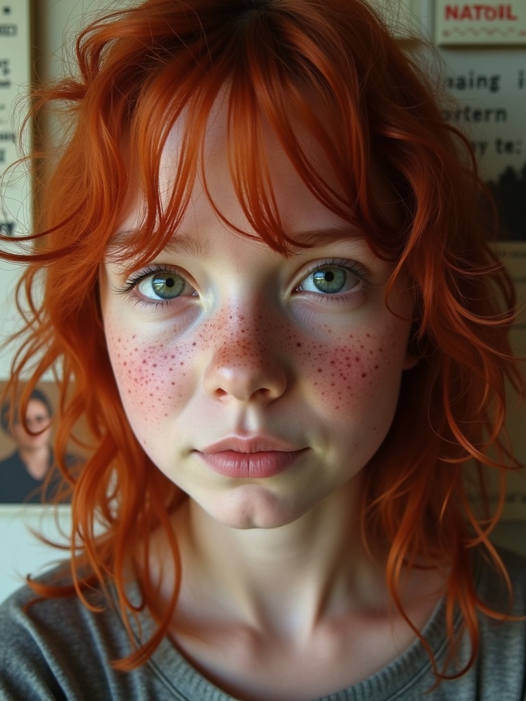 A close-up of a girl with striking red hair and freckles against a blurred background of text and images.