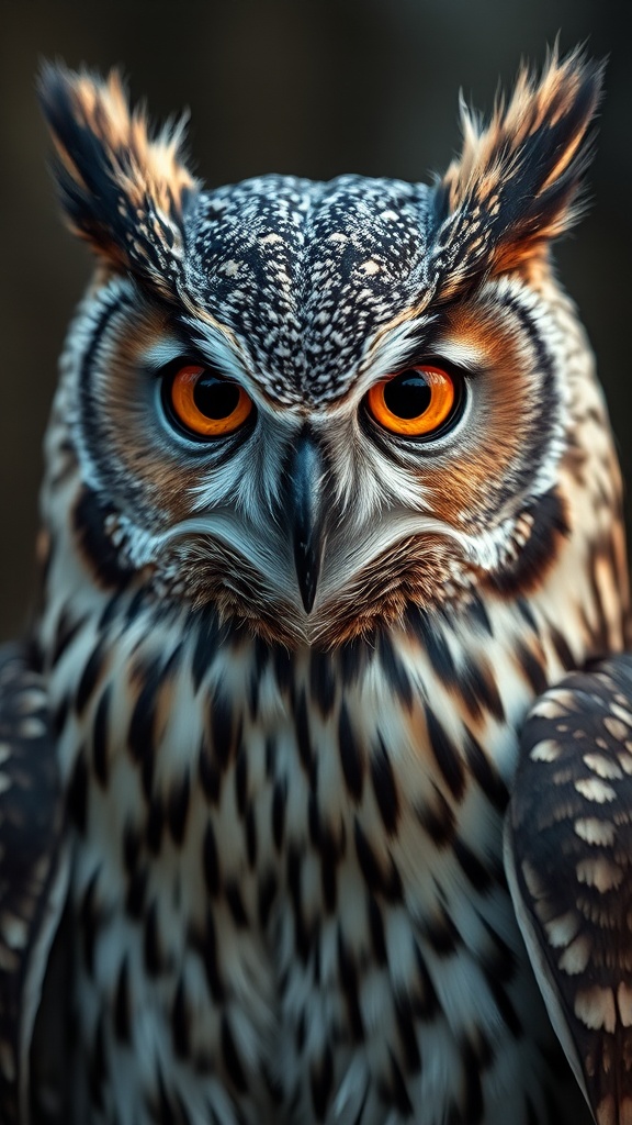 A close-up of an owl with striking orange eyes and intricate feather patterns.