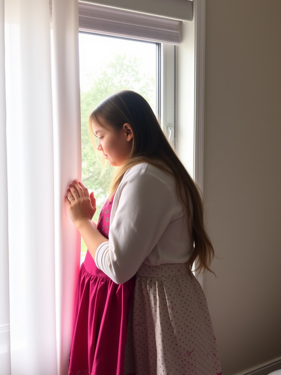 This image captures a young girl standing by a window, gently touching a white curtain. Bathed in soft natural light, she gazes outside with a contemplative expression. Her attire is a mix of maroon and light patterns that add a touch of color against the neutral tones of the room.