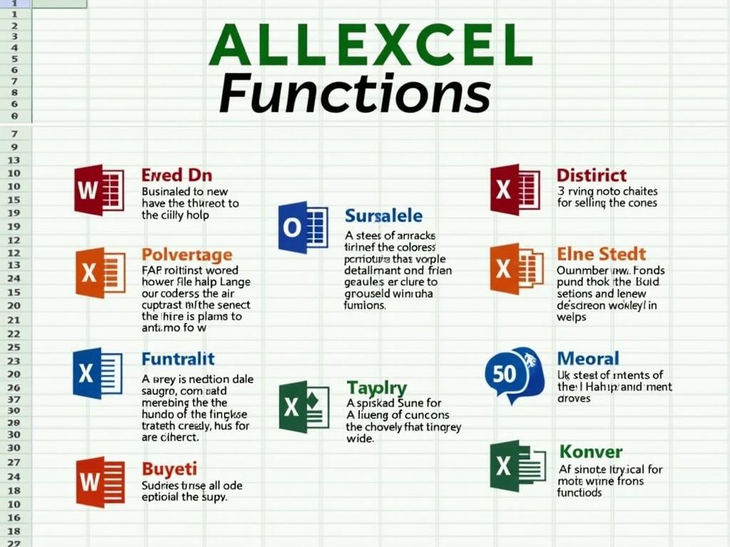 This image showcases various functions related to Excel, designed in a visually engaging format. The title 'ALLEXCEL Functions' is prominently displayed. Each function is described with a short explanation, accompanied by an Excel logo. The design uses a colorful palette, making it appealing for educational purposes. Icons represent each function, providing a clear visual cue. The overall layout is simple and informative, making it suitable for both beginners and advanced users.