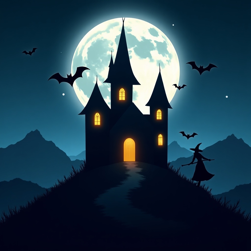 A mysterious castle on a hill under a full moon. Dark blue sky. Bright moonlight illuminating the scene. Silhouetted bats flying. A witch gliding through the night. Mountains in the background. Castle windows glow warmly. Scene evokes enchanting yet spooky feelings for Halloween.