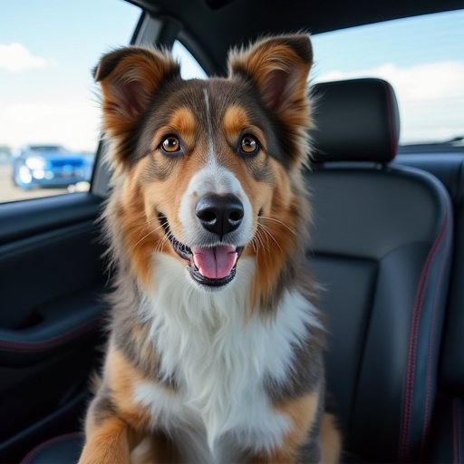 An Australian shepherd dog is sitting in the passenger seat of a drifting Subaru car. The dog is happy and looks directly at the viewer. The car is seen from the driver's point of view inside the vehicle.