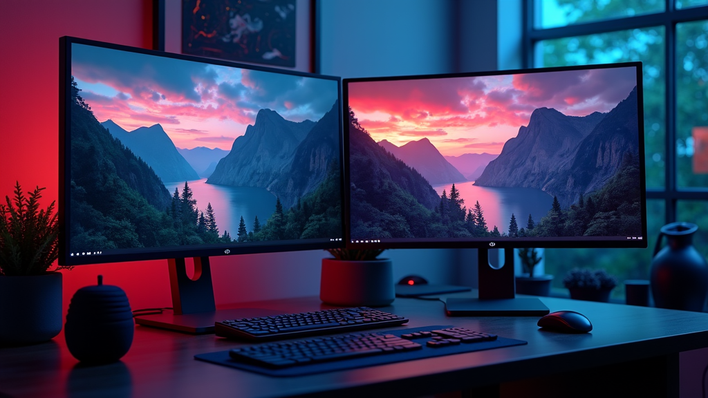 Two monitors with a scenic mountain sunset are set up on a desk, surrounded by modern tech and soft lighting.