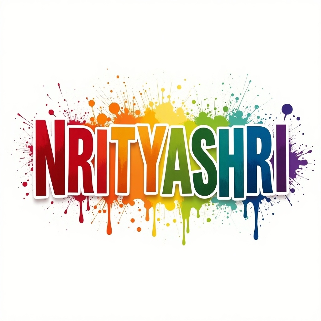 This image showcases the word 'NRITYASHRI' in large, vibrant letters. Each letter is filled with different bright colors, creating a rainbow effect. Surrounding the text are splatters of paint in red, orange, yellow, green, blue, and purple, adding an energetic touch. The background is light to make the colors stand out wonderfully. The overall design resonates with the themes of dance, creativity, and celebration, making it visually appealing and positive.