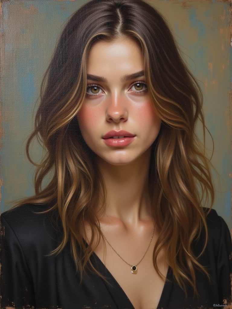 Portrait painting in oil. Features long wavy hair and a delicate necklace. Person wears a deep v-neck top. Background has textured soft colors.