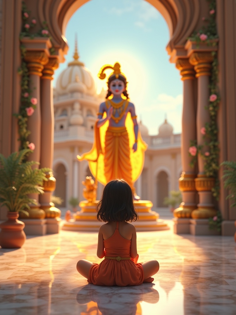 A young girl sits cross-legged in front of a golden idol of Lord Krishna. The girl has a radiant expression and is in a prayer pose. The background is a palace courtyard with marble floors and flowering vines. Soft light highlights the idol and enhances the atmosphere of devotion.