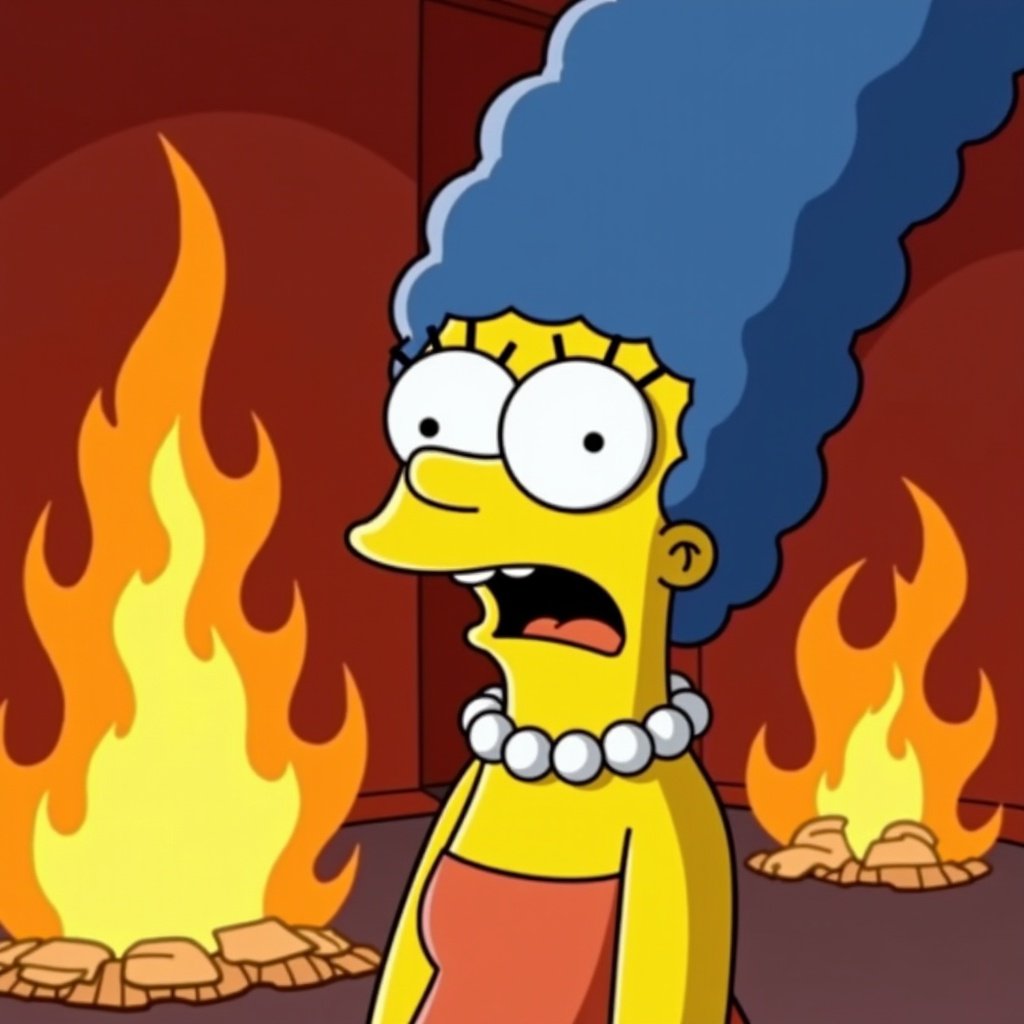 Standard cartoon style used. The character appears surprised and a bit frightened. The flames rise dramatically. This image features Marge Simpson.