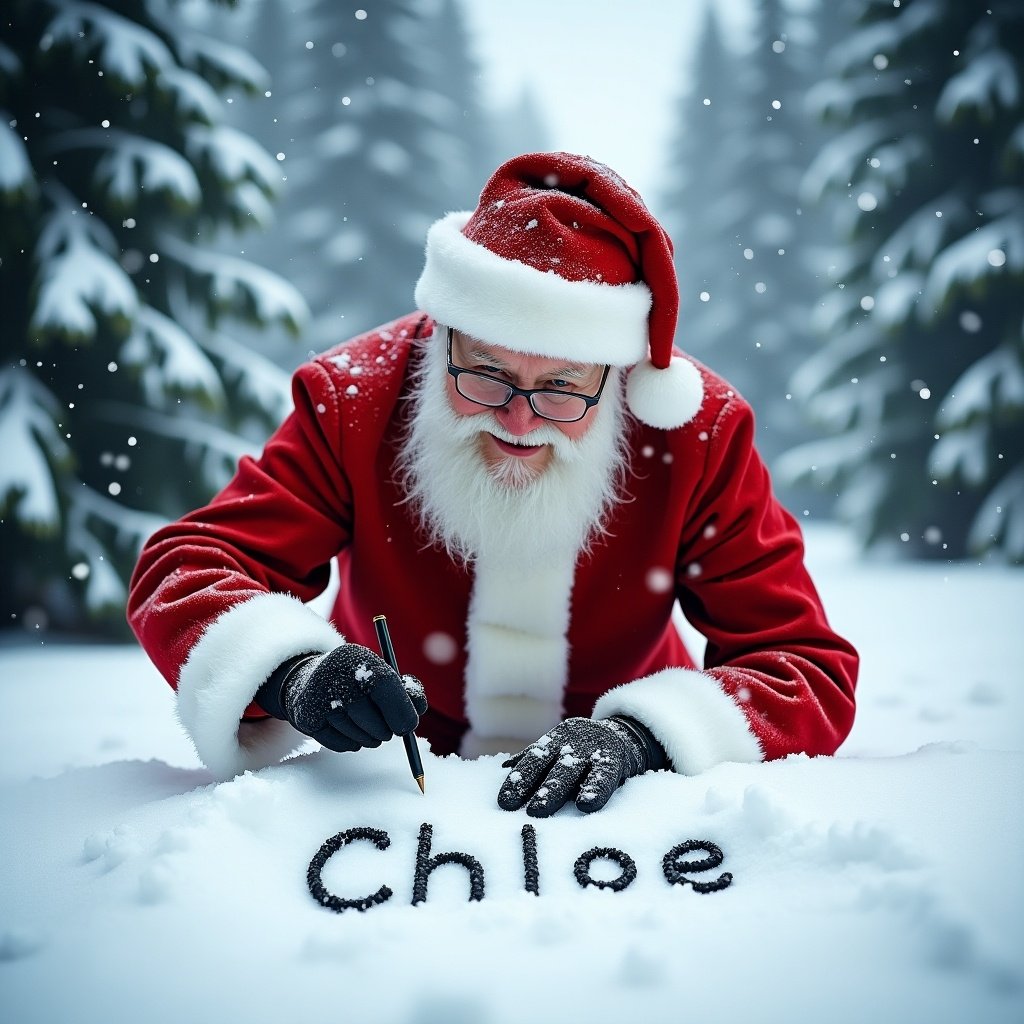 Santa Claus in a red suit writing in the snow. Joyful demeanor. Snow falls gently. Name 'Chloe' inscribed. Surrounded by snow-covered trees. Captures festive season essence.