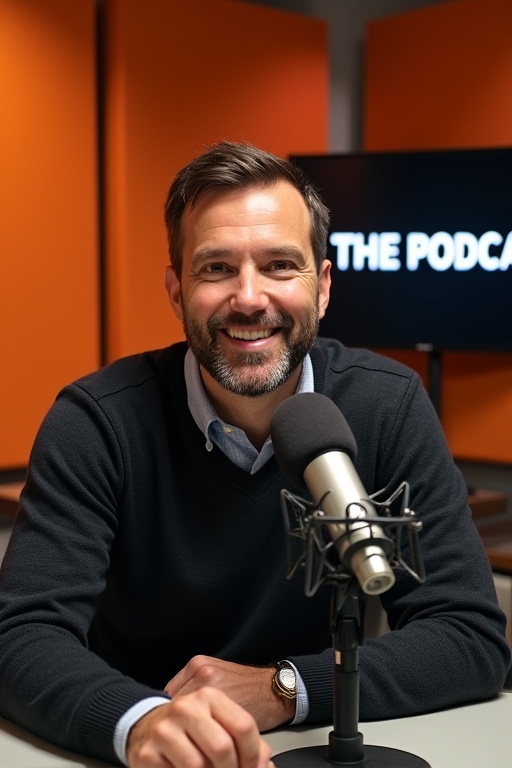 Image features a man sitting in a podcast studio. He wears a dark sweater over a collared shirt. The background has orange soundproofing panels and a screen with the title 'THE PODCAST.' A microphone is on the table in front of him. The studio atmosphere is professional and inviting for recording interviews or discussions. The man's body language is relaxed and he appears to be smiling.