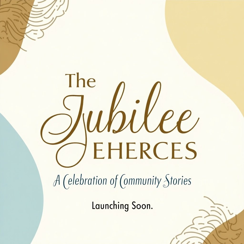 Design a modern Coming Soon poster for The Jubilee Chronicles magazine featuring elegant typography. Use soft gold, cream, and light blue gradients in the background with abstract shapes. Add tagline 'A Celebration of Community Stories' and 'Launching Soon.' Keep the design sleek and professional.