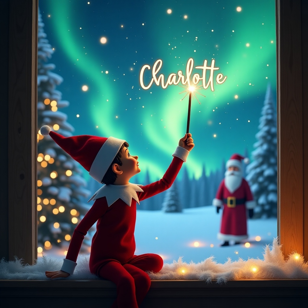 The image features an elf on the shelf, sitting on a window ledge with their back to the viewer. The elf is facing a mesmerizing sky filled with northern lights. In one hand, the elf holds a wand and is using it to write the name 'Charlotte' in the air. The background is a vibrant Christmas scene with twinkling lights and a towering figure of Santa in the distance. The overall atmosphere is magical and festive, perfectly capturing the spirit of the holiday season.