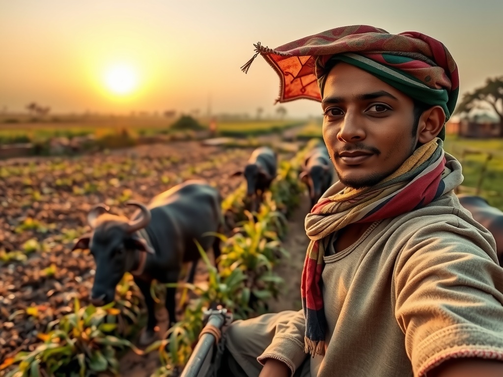 The image captures a young man in traditional attire taking a selfie at sunrise in a lush, rural landscape. Behind him, water buffalo graze peacefully in a verdant field, creating a serene and pastoral setting. The warm hue of the sunrise bathes the scene in golden light, adding a tranquil and harmonious feel to the environment.