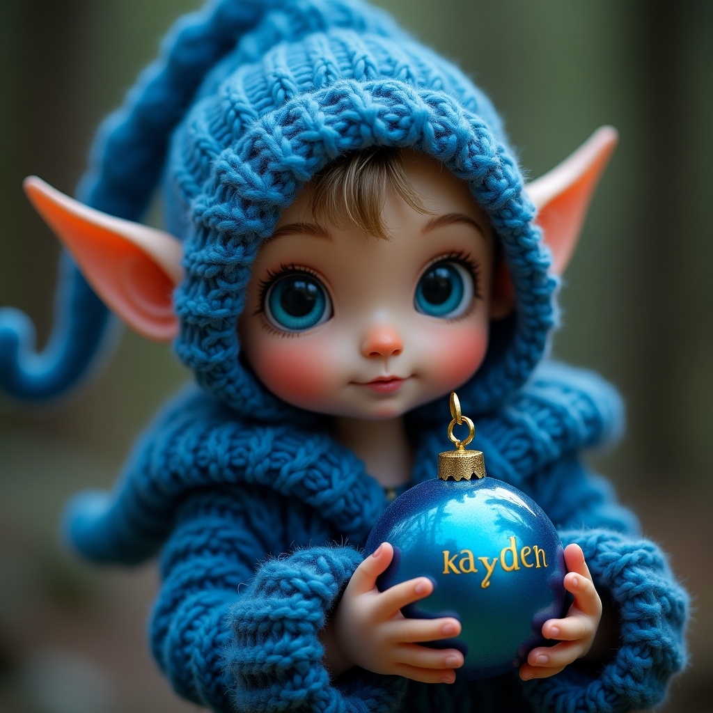 A cute elf doll dressed in a vibrant blue hoodie is holding a shiny blue bauble. The bauble has the name 'kayden' elegantly written on it. The doll has big, expressive eyes and pointy ears, embodying a whimsical character. The background is blurred, focusing on the doll and creating a magical atmosphere. This scene evokes feelings of joy and holiday spirit, making it perfect for festive themes.