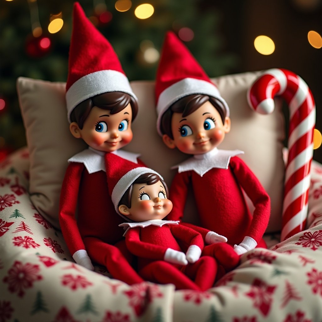 Portrait of three elves on a candy cane bed. Two elves sleep with eyes closed. A baby elf is nestled between them. Christmas setting with soft lighting and festive ambiance.