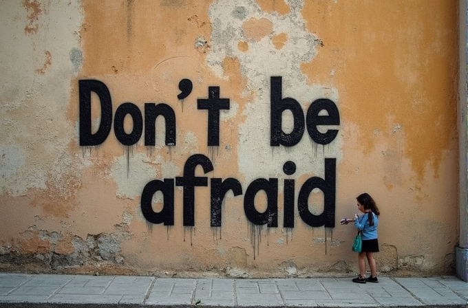 A young girl stands near a wall with the message 'Don't be afraid' painted on it.