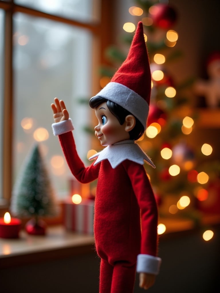 Elf is waving farewell before departing to North Pole. The elf wears a red outfit with white details. Soft warm lighting accentuates the cozy indoor scene. Festive decorations are visible through the window.