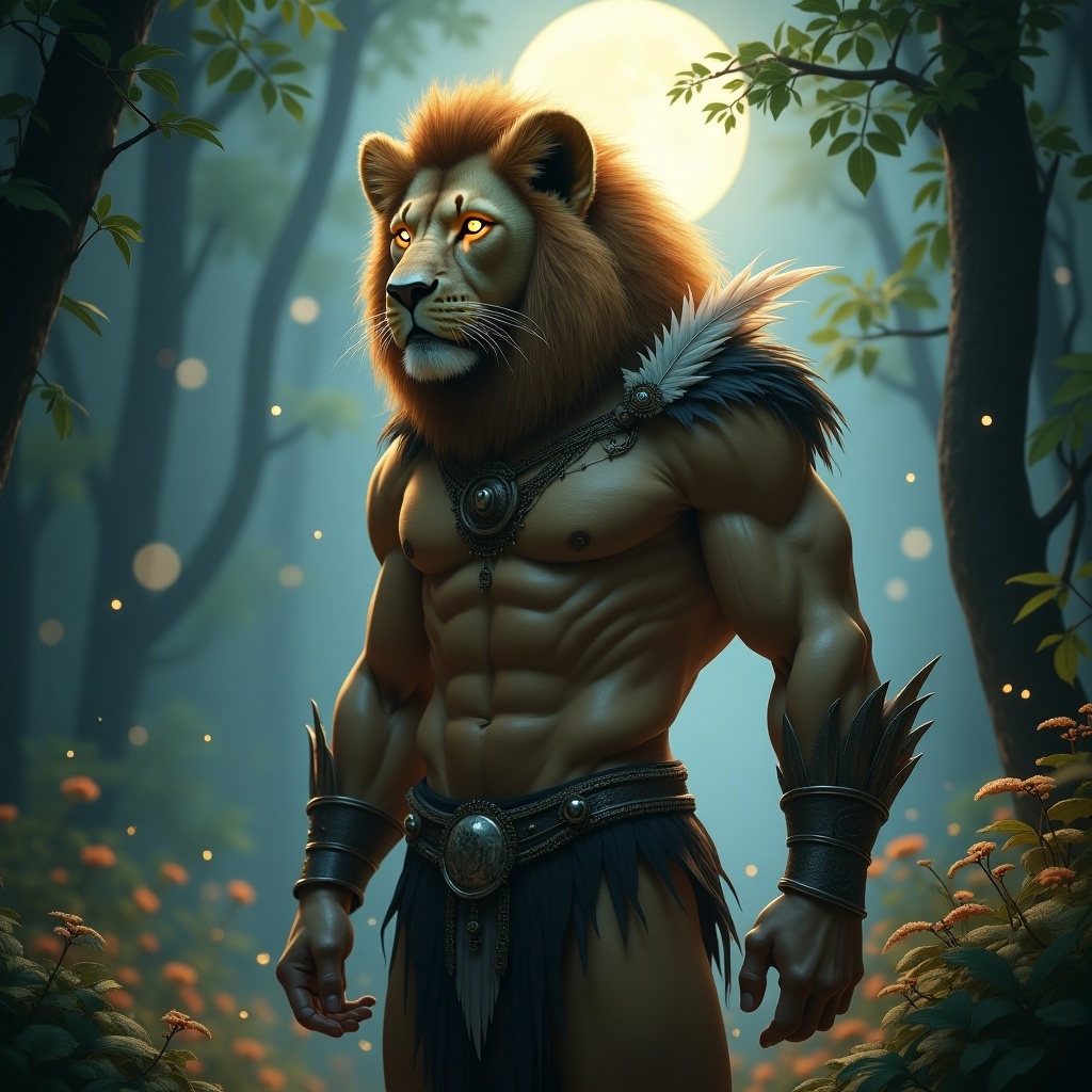 Create a surreal and highly detailed image of a human-animal hybrid. The figure should have the body of a human with muscular and defined features but retain the head and tail of a majestic lion. The face should display an intelligent and slightly regal expression, with glowing golden eyes and a flowing mane blending into the human shoulders. The setting is an ancient forest with a mystical ambiance, illuminated by soft moonlight filtering through the trees. The creature should wear light tribal armor adorned with feathers and gemstones, giving it a mythical warrior appearance. The environment should have detailed plants, glowing fireflies, and a faint mist for an ethereal effect.