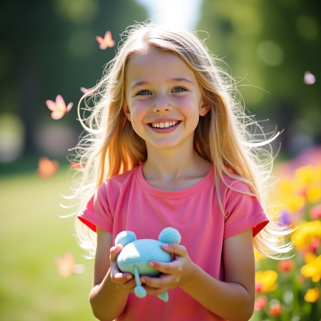 A seven-year-old girl with long blonde hair stands outside in a bright, cheerful setting. She is wearing a pink t-shirt and appears to be holding a toy in her hands. Her expression is joyful and radiant, showcasing a big smile. Around her, butterflies flutter playfully, adding a touch of magic to the scene. The background is filled with colorful flowers, creating a vibrant atmosphere. The natural light enhances her happy demeanor, making the entire image feel warm and inviting. This captures the essence of childhood joy and innocence.