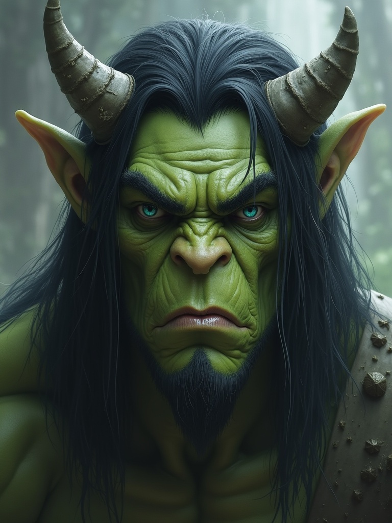 Large dull-looking orc with light green skin. Character has black hair and blue eyes. Horns protrude from head. Orc appears powerful. Background features soft focus and blurred elements.