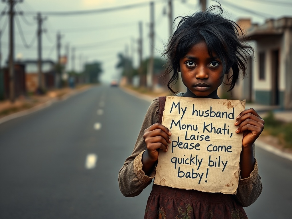 A girl stands on a deserted road holding a handwritten sign with an urgent message.