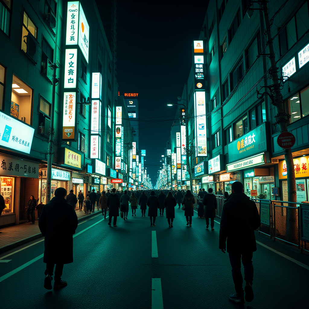 A bustling city street at night, illuminated by bright neon signs and crowded with pedestrians.