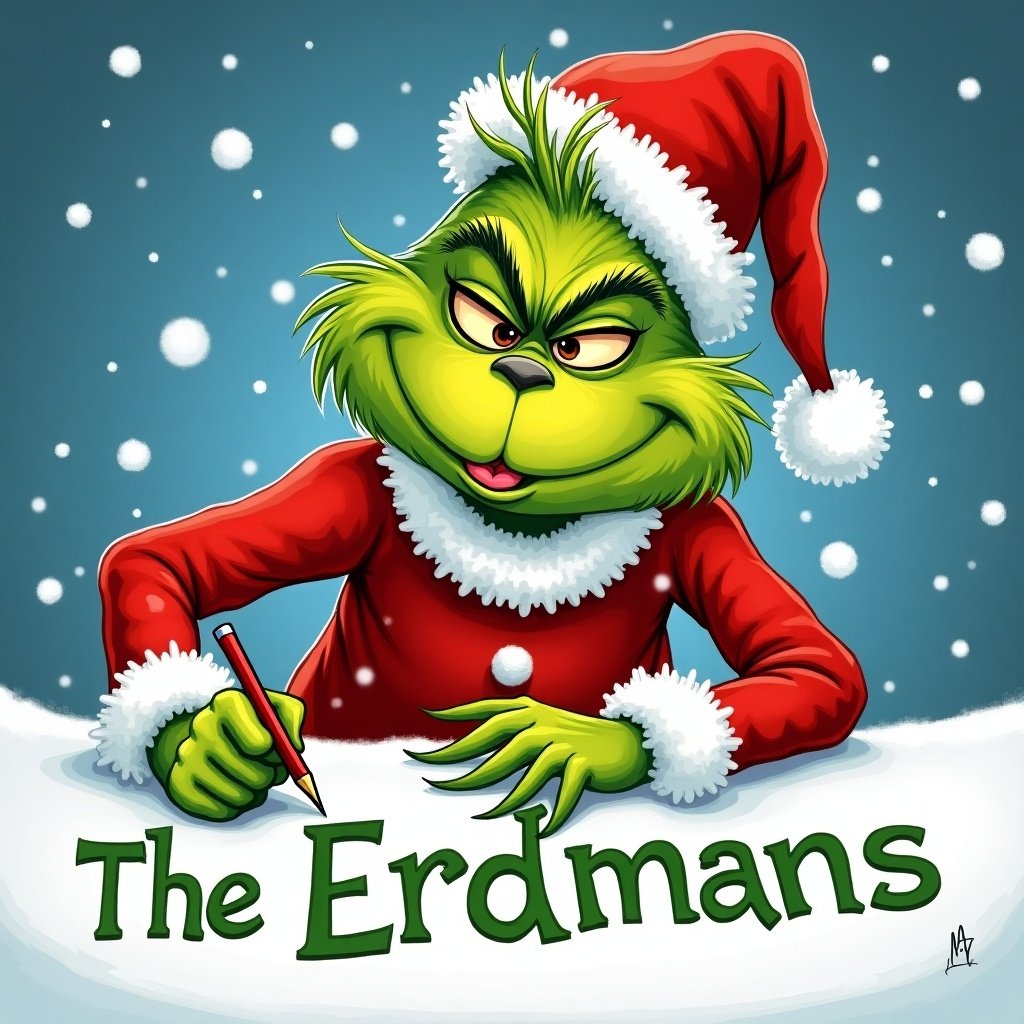 Image features the Grinch in Santa attire. He is writing 'The Erdmans' in snow. Snowflakes fall in the background. Illustration shows vibrant colors.