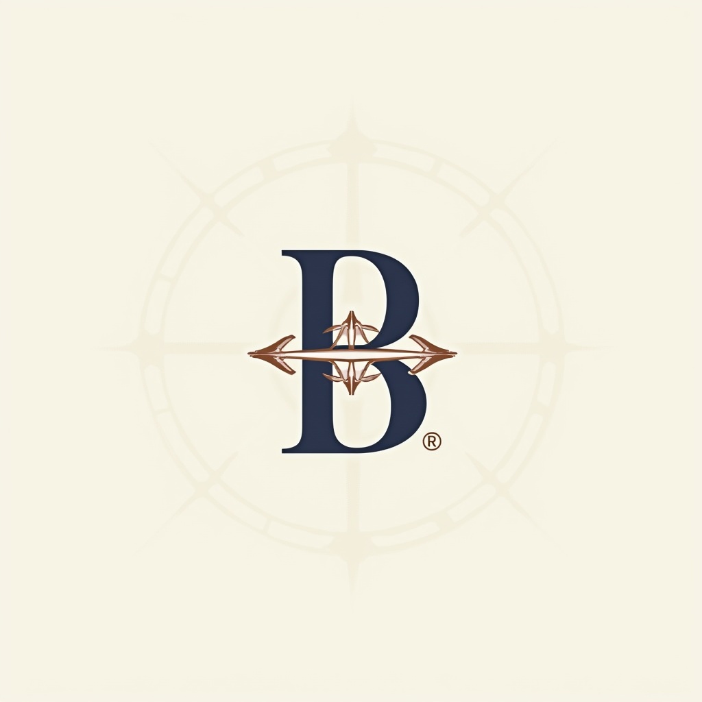 Stylized letter B logo design for Brett Bartoli with nautical star. Utilize modern font with luxurious gradient. Emphasize balance and creativity with layout. Incorporate globe details like longitude and latitude.