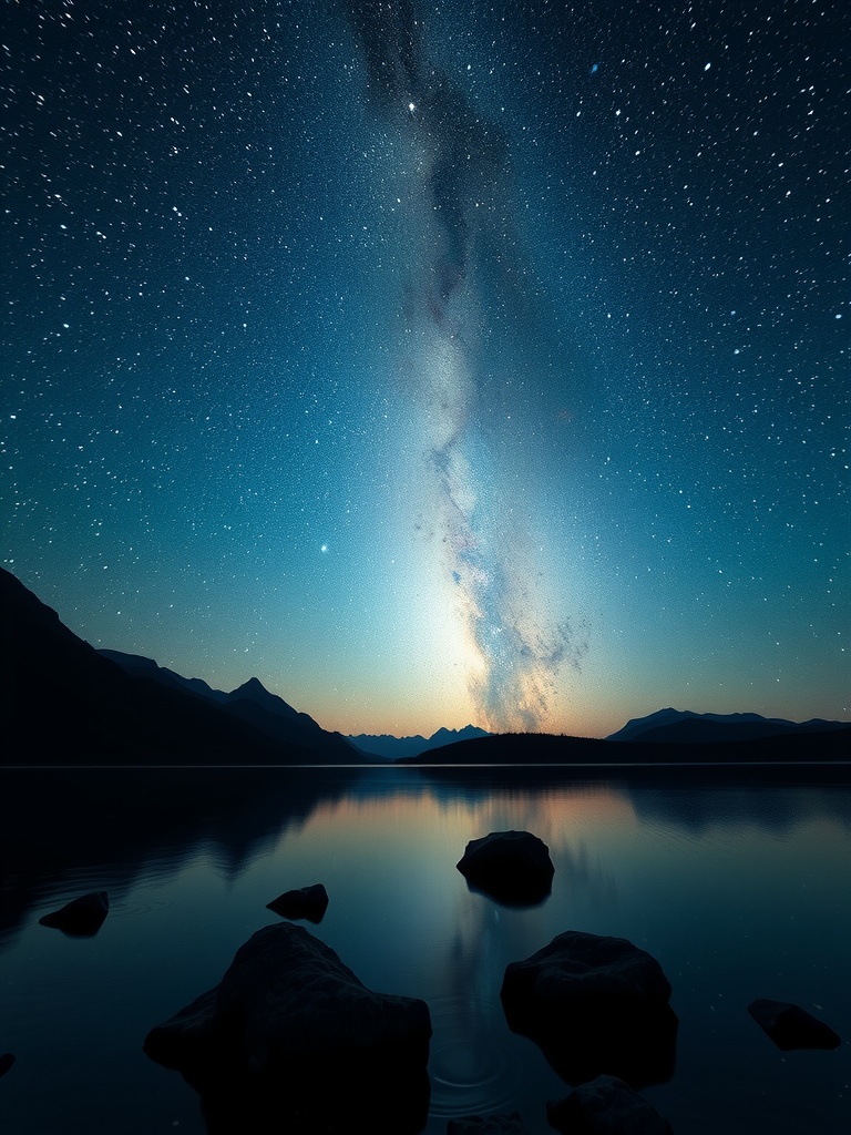 This captivating night scene showcases the Milky Way galaxy stretching across the sky, reflected in the still waters of a lake. Foreground rocks add depth and contrast against the bright stars and the faint glow of the horizon, suggesting dawn or dusk. The image captures the serene beauty of nature under a starry sky.