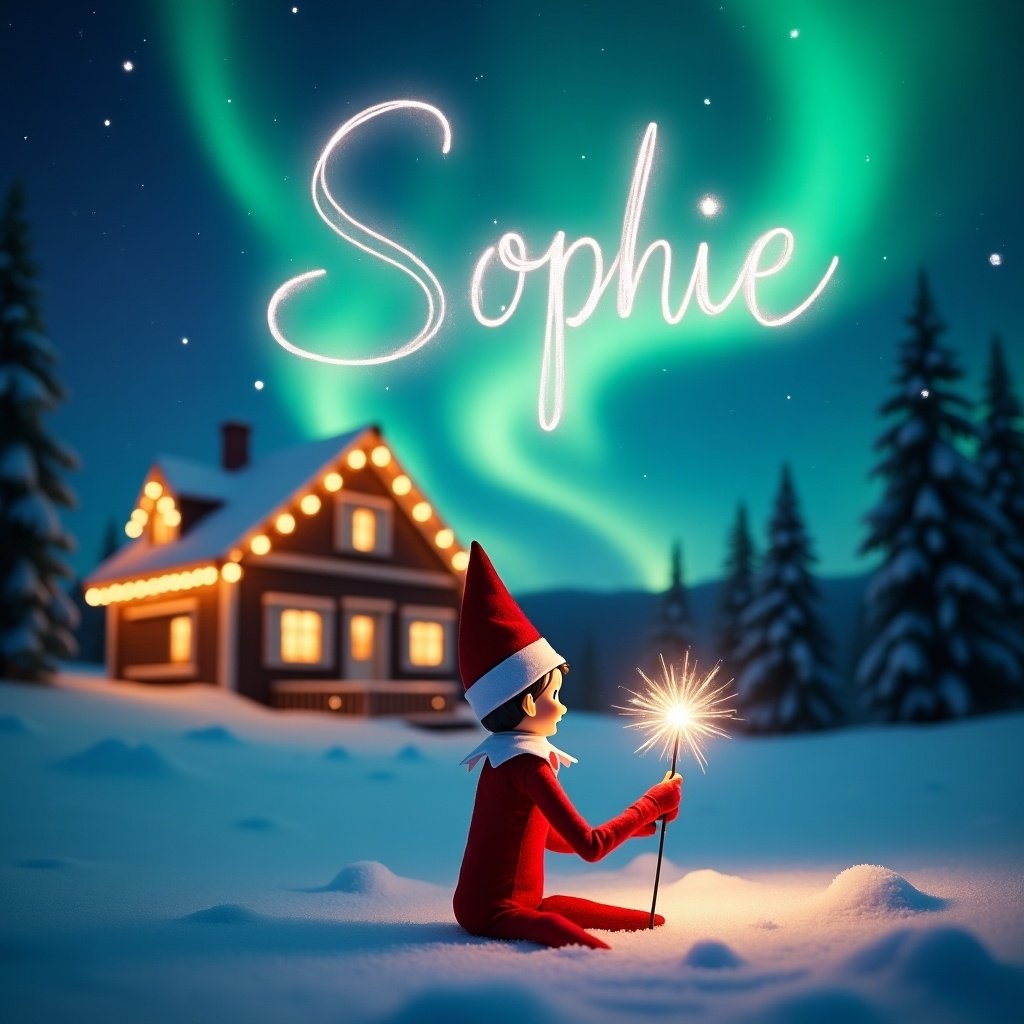 Elf gazes upward holding glowing wand. Colorful northern lights swirl above. Cozy holiday-decorated house in background. Snow covers ground. Sophie written in the sky.