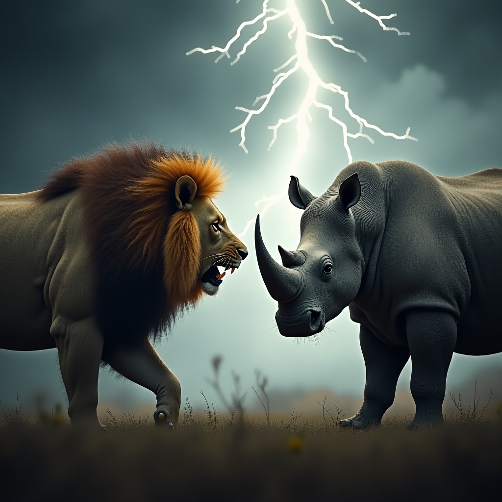 Create an image where a lion and a rhino are positioned face to face, both displaying fierce and angry expressions. The lion should have a majestic mane, while the rhino should have its characteristic large frame and horn. The background should be dramatic and stormy, featuring dark clouds and lightning to highlight the intensity of their confrontation. Additionally, consider creating a second image where the lion and rhino's features are seamlessly combined into a single, monstrous hybrid creature, emphasizing its dangerous appearance. The background should match this creature's fierce expression and give an overall terrifying vibe.