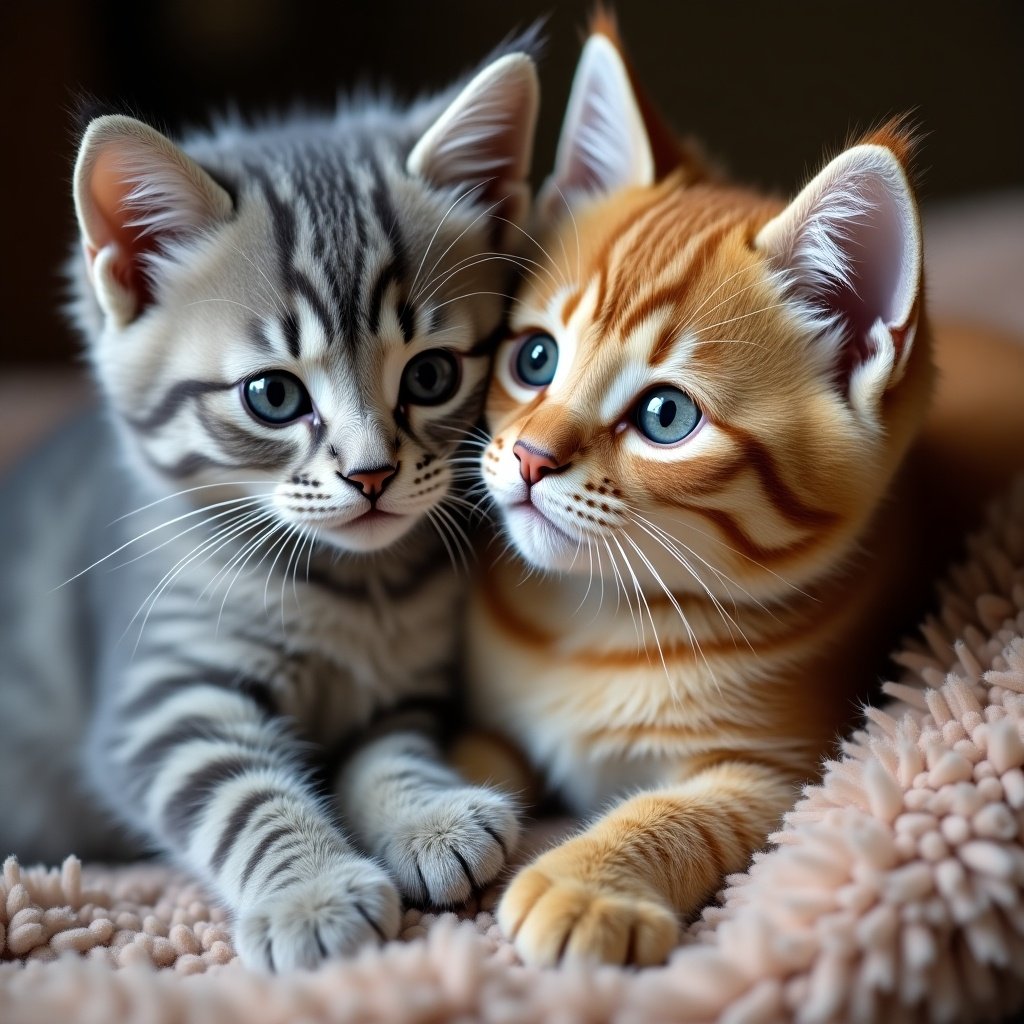 British Shorthair cats in grey and brown cuddle together on a soft surface. The scene captures their affection and warmth.