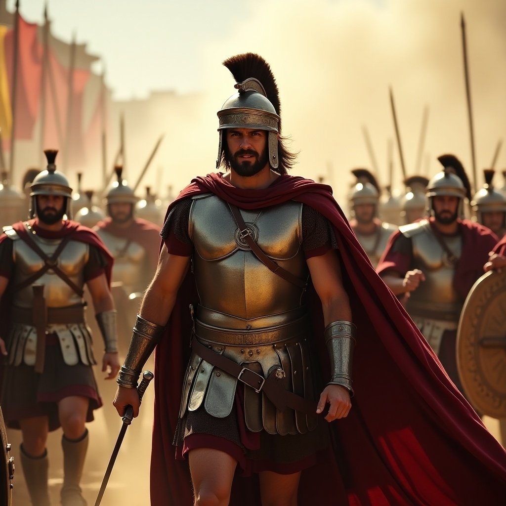 Image of soldiers in ancient armor on a battlefield with banners. Group of warriors in formation. Natural lighting highlights their armor and weapons. Setting reminiscent of Alexander the Great's time.